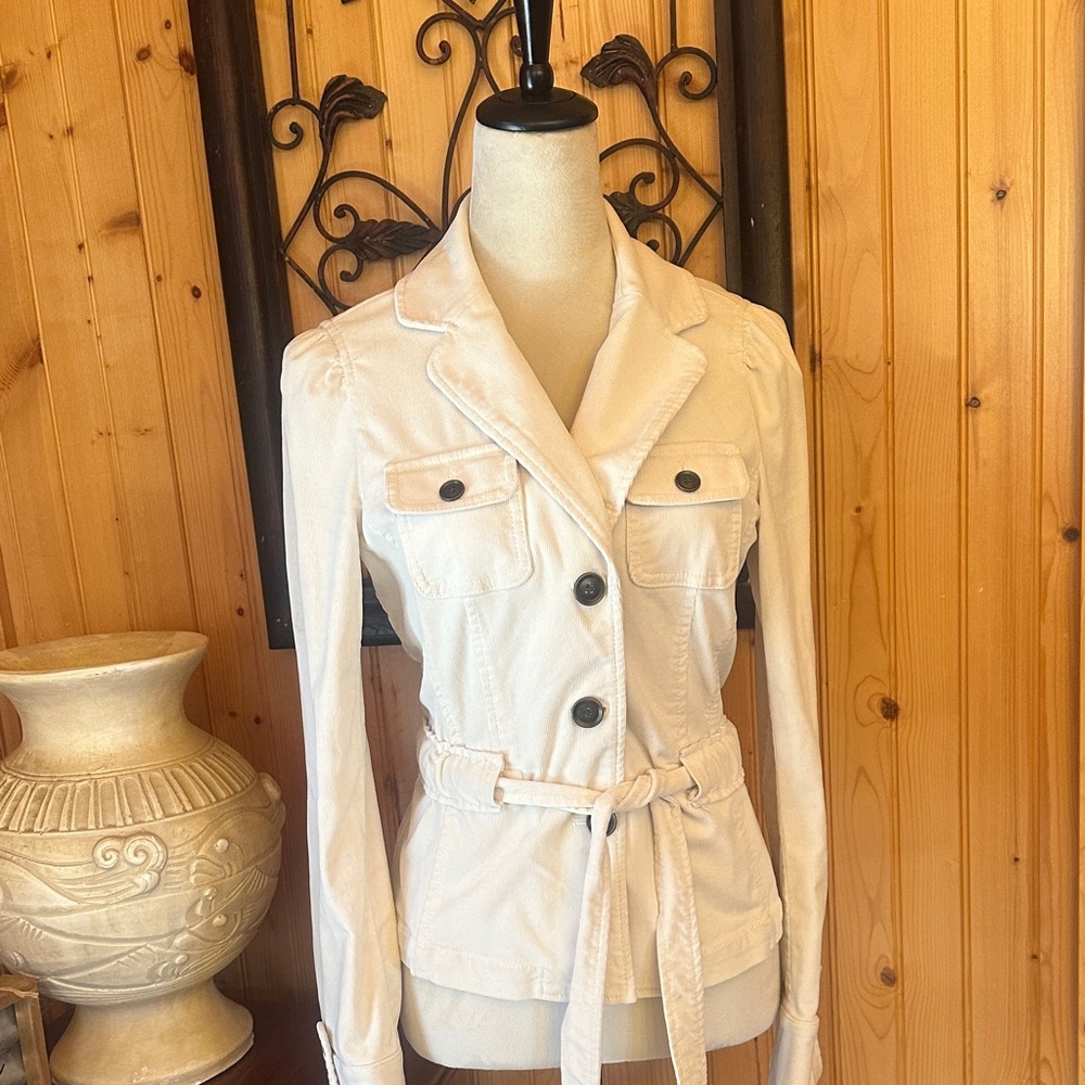 LOFT Ivory Belted Blazer with Button Accents